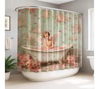 Angel Rideau de douche extra large romantique vintage cœurs roses Saint-Valentin vert pastel lavable avec crochets Décoration pour salle de bain chambre d'amis 274 x 183 cm