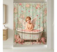 Angel Rideau de douche extra long en polyester imperméable Motif cœurs roses Saint-Valentin Vert pastel Décoration pour salle de bain chambre d'amis 183 x 243 cm