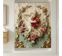 Angel Rideau de douche extra long romantique vintage avec crochets Motif cœurs roses Rouge Saint-Valentin Lavable avec crochets pour salle de bain, baignoire, appartement 183 x 243 cm