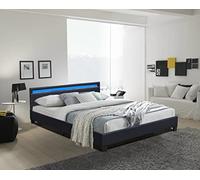 angel - Solide et Confortable Lit 160x200 avec Sommier + Tête de Lit avec Eclairage LED Couleur NOIR + Pieds en 10 cm pour matelas en - 13 Lattes - revetement PVC Simili facile d'entretien - Mont