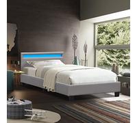 Lit 90x200 Solide et Confortable - Sommier avec Tête de Lit Eclairage LED - Pieds en 10 cm pour matelas - 13 Lattes - Revêtement PVC Simili Facile d'Entretien - Montage Rapide et Facile - LIT ANGEL GR