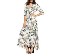 Angel ZYJ Robe Longue Femme Boheme Manche 3/4 Été Tunique Col V Fleurie Chic Elegante Mode Imprimé Florale Maxi Robe avec Fente pour Cocktail Soirée Ceremonie Plage Vacances Split Dress (Blanc-2, L)