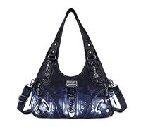 Angelkiss Women Multiple Pockets Purses and Handbags Washed Leather, Two Top Zippers Closure, Deep Blue