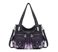 Angelkiss Women's Designer Handbag Large Double Zipper Multi Pocket Washed, Purple-z