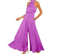 Angelluck Combinaisons sexy sans manches dos nu pantalon une pièce printemps été femmes bureau dame satin jambes larges barboteuses tenues cou dos nu bretelles longues couleur unie
