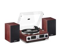 ANGELS HORN Tourne-disque vintage, Tourne-disque Bluetooth HiFi avec haut-parleurs d'étagère, préampli phono intégré, transmission par courroie à 2 vitesses, contrôle de pas, pick-up AT-3600L