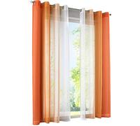 Angle Bud Lot de 2 Rideaux Translucide à œillets - Dégradé Voilages Voile pour Balcon, Chambre à Coucher et Salle de séjour - Orange avec Blanc - 140x245cm