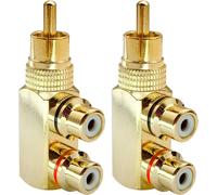 Angle Droit RCA Adaptateur de Séparateur en Y,Plaqué Or 90 Degrés RCA Mâle vers 2 RCA Femelle Jack Audio Vidéo Splitter en Y Adaptateurs TV AV Connecteur Métallique (2 Pack/1 à 2)