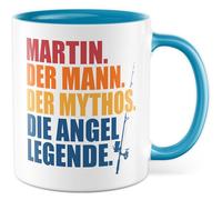 Angler Tasse personnalisée avec inscription en allemand « Name. Der Mann. Der Mythos. Die Angel Legend » - Tasse à café en céramique 330 ml - Idée cadeau papa père pêcheur propre nom accessoire de