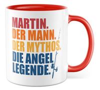 Angler Tasse personnalisée avec inscription en allemand « Name. Der Mann. Der Mythos. Die Angel Legend » - Tasse à café en céramique 330 ml - Idée cadeau papa père pêcheur propre nom accessoire de