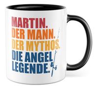 Angler Tasse personnalisée avec inscription en allemand « Name. Der Mann. Der Mythos. Die Angel Legend » - Tasse à café en céramique 330 ml - Idée cadeau papa père pêcheur propre nom accessoire de