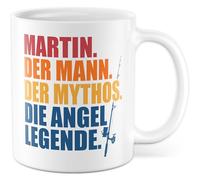 Angler Tasse personnalisée avec inscription en allemand « Name. Der Mann. Der Mythos. Die Angel Legend » - Tasse à café en céramique 330 ml - Idée cadeau papa père pêcheur propre nom accessoire de