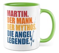 Angler Tasse personnalisée avec inscription en allemand « Name. Der Mann. Der Mythos. Die Angel Legend » - Tasse à café en céramique 330 ml - Idée cadeau papa père pêcheur propre nom accessoire de