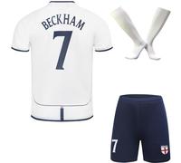 Angleterre Limitée Édition Beckham #7 Légende Maillot de Football pour Enfant avec Haut Shorts, Chaussettes, Nostalgie Tailles Jeune (Blanc, 26)