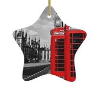 Angleterre UK Retro London Téléphone - Ornements de Noël en céramique avec étoile - Décoration de vacances en céramique faite à la main avec ficelle dorée pour sapin de maison festival.