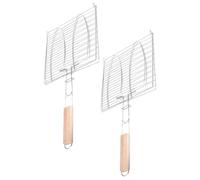 Angoily 2 Pièces Grille à Poisson Double en Fil de Fer Pince à Viande en Bois pour Barbecue Extérieur, Surface Lisse et Facile à Nettoyer, pour Camping en Plein Air