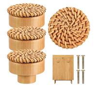 Angoily 4 pièces Boutons de Tiroir Rotin et Bois de Poignées Meuble Bohème Design Tressé Naturel pour Commode Placard Cuisine