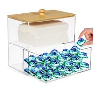 Angoily Boîte de Dosettes de Lessive Compacte 1 Tiroir 175X115X165 MM en Acrylique Transparent Couvercle Bambou Organisateur de Buanderie pour Rangement Capsules Lessive et Feuilles