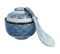 Angoily Bol à Soupe Japonerie en Céramique avec Couvercle Hermétique et Cuillère Motifs Vague 2 Pièces Micro-Ondable Résistant à la Chaleur pour Ramen Miso Cuisine Maison