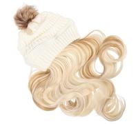 Angoily Bonnet Tricoté Blanc avec Postiche Ondulée Amovible Longue Dorée Extensions de Cheveux Femme Chapeau Chaud Crochet Postiche Élégant pour Soirée et Cosplay Coiffure