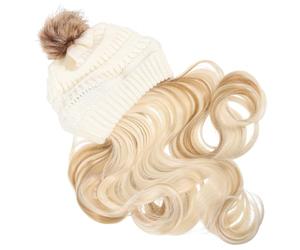 Angoily Bonnet Tricoté Blanc avec Postiche Ondulée Amovible Longue Dorée Extensions de Cheveux Femme Chapeau Chaud Crochet Postiche Élégant pour Soirée et Cosplay Coiffure