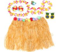 Angoily Ensemble de Décorations Hawaïennes 8 Pièces pour Fête Jupe en Paille 60 Cm, Couronne de Fleur, Lunettes et Pince à Cheveux, Accessoires Légers et Réutilisables pour Plage