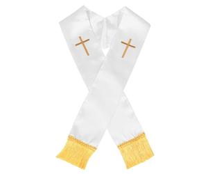 Angoily Étole de Prêtre Blanche 135 Cm Brodée d'une Croix avec Pompons, Châle D'officiant de Mariage Unisexe, Étole Traditionnelle du Clergé pour Cérémonie Religieuse et Église