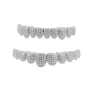 Angoily Grilles Dentaires Hip-hop en Cuivre Ornés de Cristaux Argentés, Design Complet et Port Stable, Accessoire pour Costume D'halloween et Scène
