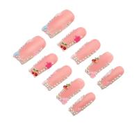 Angoily Lot de 10 Faux Ongles M à Couverture Complète Faits Main Strass Cerise et Fleurs 3d, Accessoires Nail Art pour Femmes et Filles, Adhésion Solide, Décoration Manucure Printemps