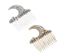 Angoily Lot de 2 Peignes Latéraux Rétro en Alliage Motif Lune et Fleur Ajourés Couleurs Doré Antique et Argenté Accessoires Coiffure Décoratifs Légers pour Chignon et Occasions