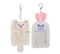 Angoily Lot de 2 porte-clés photo en peluche motif animal - porte-cartes chat et lapin, organiseur pour cartes d'étudiant et de crédit - pochette souple pour badge nominatif, pour le bureau,