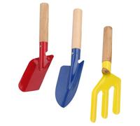 Angoily Lot de 3 Truelles de Jardin Manche en Bois, Pelle à Transplanter Bleue, Truelle à Désherber Rouge et Fourchette Trois Dents, Outils Main Jardinage pour Plantation et Entretien,