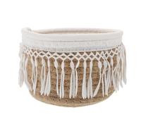 Angoily Panier de Rangement Tressé en Corde de Coton 1 Pièce, Panier Haut Jaune Naturel Style Bohème Franges, Support Pratique pour Bureau et Décoration Intérieure, Corbeille