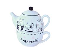 Angoily Théière avec Tasse Intégrée en Céramique Blanche à Motif Chat, Ensemble Élégant et Créatif pour Amateurs de Thé et Réunions Personnelles