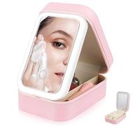 Angoily Trousse de Maquillage Rose Compacte avec Miroir Lumineux LED à 3 Modes, Organisateur de Voyage avec Compartiments, Boîte à Maquillage Portable Rechargeable pour Cosmétiques