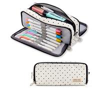 ANGOOBABY Grande Trousse Fourre Tout à Crayons avec 3 Compartiments en Toile pour Adolescents Garçons Filles et Étudiants, Étui à Crayon (Noir à Pois Noir)