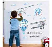 Angoter Aquarelle Avion Montgolfières Autocollant Mural Chambres d'enfants bébé Décoration Murale PVC Stickers Nursery Autocollants Fond d'écran