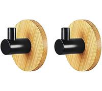 Angou Lot de 2 crochets muraux autocollants en bois de bambou sans traces, crochet mural en bois pour peignoir, pour cuisine, porte-serviettes, sans trous, salle de bain, cuisine, bureau, noir