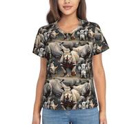 Angry Rhino Print Haut d'été décontracté mais habillé à manches courtes en polyester pour femme, Noir, S