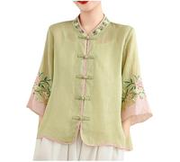 ANHATUIV Blouses pour femmes chinoises à broderie florale - Manches 3/4 - Bouton grenouille - Col mandarin - Coton et lin - Décontracté - Bouton grenouille - Costume traditionnel chinois de kung fu et