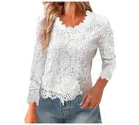 ANHATUIV Chemisier pour femme en dentelle au crochet - Chemise à manches 3/4 - Haut habillé à col rond - Uni - Coupe ample - Léger - Tunique élégante - Haut de mariage pour leggings de travail, blanc,