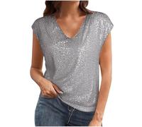 ANHATUIV Haut à paillettes pour femme - Grande taille - Manches courtes - Col en V - Tunique élégante - Haut habillé pour femme - Haut caraco pour soirée, festival, boîte de nuit, gris, XXL