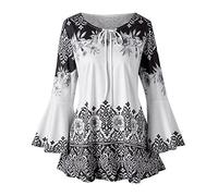 ANHATUIV Hauts pour femme - Grande taille - Style bohème des années 70 - Broderie - Haut vintage pour femme - Tunique florale avec trou de serrure - Haut d'été à manches longues évasées - Élégant -