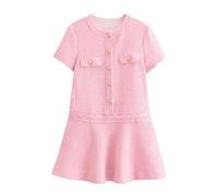 ANHATUIV Robe d'été élégante à manches courtes pour femme - Robe boutonnée en tweed - Mini robe à ourlet à volants - Robe ajustée pour le travail, les cocktails, les vacances, Rose 30, M