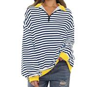 ANHATUIV Sweat-shirt rayé surdimensionné pour femme - Col polo - Manches longues - Demi-fermeture éclair - Décontracté - Pull ample - Pull 2024 - Vêtements tendance d'automne, Bleu ciel 41, XL