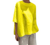 ANHATUIV T-shirts en coton et lin grande taille pour femme, couleur unie, t-shirt à manches courtes, ample, léger, manches mi-longues, pour sortir, fête, boîte de nuit, jaune, 5XL