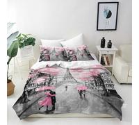 ANHOPE Housse de Couette 200x200 cm avec 2 Taies d'oreiller 80x80 cm Paris Tour Eiffel Rose Arbre Parure de Lit avec Fermeture Éclair Doux Microfibre Literie Toutes Saisons