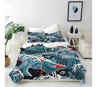 ANHOPE Parure de Lit Japonais Vagues Poisson 240x220 cm avec 2 Taies d'oreiller 65x65 cm Microfibre Housse de Couette avec Fermeture Éclair 3 Pièces Literie Toutes Saisons