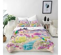 ANHOPE Parure de Lit Rainbow Licorne Fleur Papillon Housse de Couette 200x200 cm avec 2 Taies d'oreiller 75x50 cm Microfibre Literie avec Fermeture Éclair pour Enfants Filles