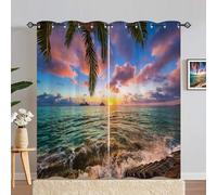 ANHOPE Rideau Lever du Soleil Océan Île Tenture Opaque à Oeillets Rideau Occultant Thermique Isolant Draperies Intérieurs pour Maison Chambre Salon Fenetre 2 Pièces L 140 x H 229 cm